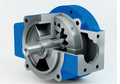 the cutaway view of internal gear pump in blue